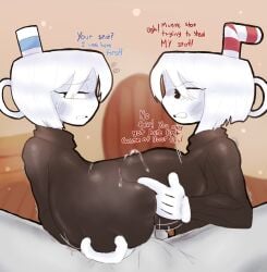 boobjob competitive_sex cuphead cuphead_(game) dialogue duo_female indoors juzu421 large_breasts leaking_cum mugman pov precum precum_bubble rule_63 self_upload sweater threesome