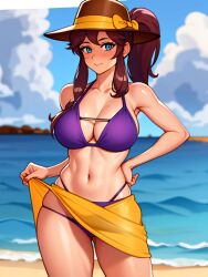 a_hat_in_time adult aged_up ai_generated big_breasts bikini bikini_bottom bikini_top blue_eyes blush blushing_at_viewer breasts brown_hair brown_hat hair_tie happy happy_female hat hat_adult hat_kid large_breasts light-skinned_female light_skin looking_at_viewer mariegold navel ponytail purple_bikini purple_bikini_bottom purple_bikini_top purple_swimsuit skirt smile smiling smiling_at_viewer swimsuit thighs tied_hair voluptuous voluptuous_female yellow_skirt