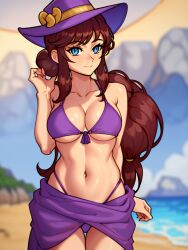 a_hat_in_time adult aged_up ai_generated big_breasts bikini bikini_bottom bikini_top blue_eyes blush blushing_at_viewer breasts brown_hair hair_tie happy happy_female hat hat_adult hat_kid large_breasts light-skinned_female light_skin looking_at_viewer mariegold navel ponytail purple_bikini purple_bikini_bottom purple_bikini_top purple_hat purple_skirt purple_swimsuit skirt smile smiling smiling_at_viewer swimsuit thighs tied_hair