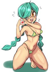 1girls annie_(skullgirls) bikini bikini_bottom bikini_top blush bottomwear breasts cleavage eyepatch eyewear feet female female_only full green_bikini green_hair hair hand_heart heart heart_hands louis_zai medium_breasts skullgirls smile solo solo_female thighs topwear twintails yellow_eyes