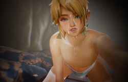 3d 3d_(artwork) all_fours bed_sheet bedding blonde_hair blue_clothing blue_eyes blue_panties blue_underwear bodily_fluids clothing cum cum_on_face digital_media_(artwork) duo duplicate ear_piercing ear_ring femboy feminine fugtrup gay genital_fluids hair half-closed_eyes hi_res humanoid humanoid_pointy_ears hylian legwear link male male_only narrowed_eyes nintendo panties piercing ring_piercing sitting smile solo_male the_legend_of_zelda thigh_highs thong twink underwear white_clothing white_legwear white_thigh_highs