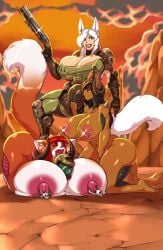 1futa 2girls all_fours anthro areolae armor balls blueavis breasts bulge cleavage clothed clothing dark-skinned_female doom doom_slayer_(doom) female fox_ears fully_clothed furry futa_with_female futanari gigantic_breasts huge_balls huge_breasts huge_cock hyper_breasts imminent_sex kneeling nipples nude penis pierced_nipples rule_63 thick_thighs threesome wide_hips