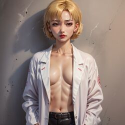 1girls ai_generated artist_request blonde_hair breasts female female_only front_view gainax human labcoat large_breasts light-skinned_female light_skin navel neon_genesis_evangelion realistic ritsuko_akagi scientist short_hair yellow_hair