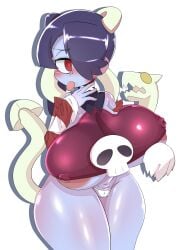 1girls alternate_breast_size areola_slip areolae big_breasts blush bottomwear breasts female female_focus hair_over_one_eye huge_breasts large_breasts louis_zai nipple_slip nipples panties purple_body purple_hair purple_skin red_eyes skullgirls squigly thick_thighs thighs tongue tongue_out topwear white_panties zombie zombie_girl