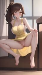 1girls ai_generated apron apron_lift ass big_breasts brown_eyes brown_hair floating light-skinned_female light_skin looking_at_viewer mother_(pokemon_sv) pokemon pokemon_sv ponytail pussy yellow_apron