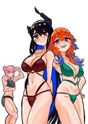 3girls bikini female_only hololive hololive_english hololive_english_-advent- hololive_myth koizumi_arata large_breasts mori_calliope muscle_girl nerissa_ravencroft takanashi_kiara virtual_youtuber