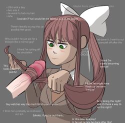 1boy 1girls 5_fingers :/ :| berlubbits big_bow blush blushing bow cock dick disappointed disappointment disapproval doki_doki_literature_club english_text female fetish gray_background green_eyes grey_background hair_bow hairbow hairjob monika_(doki_doki_literature_club) name_drop name_in_dialogue painful penis ponytail text white_bow white_hair_bow