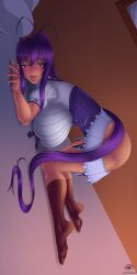 akeno_himejima ass barefoot bed bedroom big_breasts blush blush high_school_dxd joxercoleturner long_hair mesh_shirt purple_eyes purple_hair school_uniform schoolgirl tagme