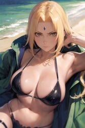 1girls ai ai_generated arm_behind_head arm_support armpits beach big_breasts bikini blonde_hair brown_eyes busty cleavage facial_mark female female_only forehead_mark huge_ass jacket jordan53 long_hair looking_at_viewer luminork mature mature_female mature_woman midriff mommy nai_diffusion naruto naruto_(series) naruto_shippuden outdoors seaside solo solo_focus stable_diffusion swimsuit tsunade very_long_hair voluptuous voluptuous_female wide_hips