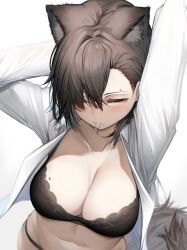 1girls 2023 arknights arms_behind_back arms_up big_breasts black_underwear blush bra breasts brown_hair closed_eyes from_above hi_res kemonomimi light-skinned_female light_skin penance_(arknights) simple_background solo standing tab_head tail wolf_ears wolf_girl wolf_tail