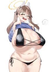 1boy absurdres animal_ears areola_slip bikini black_bikini blue_archive blue_hoodie breasts brown_hair clothes_lift commentary_request doodle_sensei_(blue_archive) drooling fake_animal_ears female glasses halo highres hood hoodie hoodie_lift huge_breasts long_hair moe_(blue_archive) moe_(swimsuit)_(blue_archive) noe_(ppppriver) open_mouth plump rabbit_ears round_eyewear saliva sensei_(blue_archive) side-tie_bikini_bottom smile solo_focus swimsuit twintails yellow_eyes