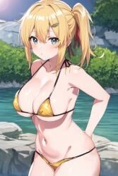 1girls ai_generated aqua_eyes arms_behind_back big_breasts bikini blonde_hair busty emma_brightness female female_only large_breasts legs looking_at_viewer navel side_ponytail solo stable_diffusion the_hidden_dungeon_only_i_can_enter thighs voluptuous water yellow_bikini