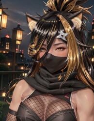 1girls ai_generated animal_ears belly_button blade blonde_hair blush brown_hair cat_ears dark-skinned_female dark_skin female female_only fishnets indie_virtual_youtuber katana nekoyo_chloe ninja ninja_mask shuriken_hair_ornament sideboob solo sword two_tone_hair virtual_youtuber weapon yellow_eyes