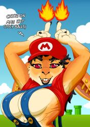 animal_humanoid anthro female fire fireball furry hi_res humanoid lagomorph lagomorph_humanoid leporid leporid_humanoid mammal mammal_humanoid mario_(cosplay) mario_(series) max_power nintendo outdoors rabbit rabbit_humanoid super_mario_bros.