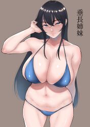 1girls bifidus big_breasts bikini black_hair blue_eyes breasts character_request female female_only large_breasts legs long_hair looking_at_viewer navel solo thighs