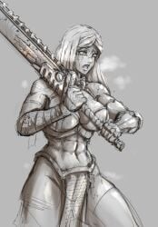 abs adepta_sororitas black_and_white chainsword imperium_of_man muscular_female purity_seal scar sirpetus sister_of_battle sister_repentia tears text warhammer_(franchise) warhammer_40k