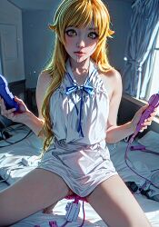 1girls ai_generated bakemonogatari blonde_hair female_only long_hair looking_at_viewer masturbation monogatari_(series) oshino_shinobu qbey saliva solo_female spread_legs vibrator yellow_eyes