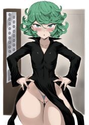 1girls black_dress blush bottom_heavy bottomwear clothing color colored dress embarrassed female female_only flat_chested gonzalo_costa green_eyes green_hair hands_on_hips hips looking_at_viewer mogudan one-punch_man pelvic_curtain pelvic_curtain_aside short_hair small_breasts solo solo_female tatsumaki thick_thighs thighs thong white_thong wide_hips