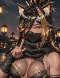 1girls ai_generated animal_ears belly_button blade blonde_hair blush brown_hair cat_ears dark-skinned_female dark_skin female female_only fishnets indie_virtual_youtuber katana nekoyo_chloe ninja ninja_mask shuriken_hair_ornament sideboob solo sword two_tone_hair virtual_youtuber weapon yellow_eyes