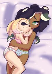 2girls bra childish_panties cuddle cuddling dark-skinned_female dark_skin euf-dreamer light-skinned_female light_skin marina_(splatoon) multiple_girls nintendo panties pearl_(splatoon) pink_bra smile smiling snuggle snuggling splatoon topless underwear yuri