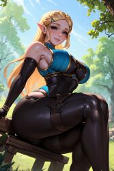 ai_generated big_ass big_breasts blonde_eyebrows blonde_hair blue_eyes blush blushing blushing_at_viewer breath_of_the_wild clothed clothing elf elf_ears elf_female elf_girl female forest_background gold_jewelry light-skinned_female long_hair looking_at_viewer low-angle_view outdoors princess_zelda sitting sitting_on_chair smile smiling_at_viewer solo solo_female space_o_space stable_diffusion the_legend_of_zelda thick_thighs tight_clothing white_body zelda_(breath_of_the_wild)