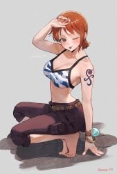 cute feet female female_only nami nami_(one_piece) one_piece pre-timeskip red_hair short_hair solo sooon tongue_out