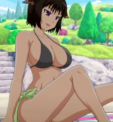 1girls arm_support big_breasts bikini breasts brown_hair cleavage female female_only hi_res large_breasts legs lotte_no_omocha! navel open_mouth purple_eyes sarong screencap short_hair sitting smile solo stitched thighs ursula_sumarlidi voluptuous