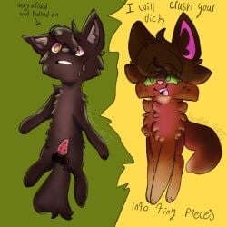 amber_eyes bramblestar_(warriors) brown_fur dominant_female feline_penis feral green_eyes imminent_sex implied_sex red_fur squirrelflight_(warriors) submissive_male sweating warriors_(cats)