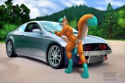 animal_genitalia animal_penis anthro ass backsack balls bedroom_eyes big_butt blue_body blue_fur bubble_butt canid canine canine_genitalia canine_penis car detailed_background english_text fox full-length_portrait fur genitals green_body green_fur green_tail hair hand_on_arm inner_ear_fluff inviting looking_back male mammal multicolored_body multicolored_fur multicolored_tail narrowed_eyes naughty_face open_mouth orange_arms orange_body orange_fur orange_legs orange_tail outside penis plant portrait pose presenting presenting_hindquarters raised_tail seductive signature solo source_request standing tail text tongue tongue_out tree tuft vallhound vehicle