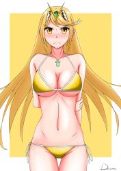 1girls bikini blonde_hair blush breasts core_crystal diravist00 earrings grabbing_own_arm large_breasts long_hair looking_at_viewer midriff mythra navel nintendo side-tie_bikini side-tie_swimsuit swimsuit tiara xenoblade_(series) xenoblade_chronicles_2 yellow_bikini yellow_eyes yellow_swimsuit