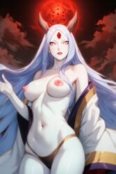 3_eyes ai_generated barely_clothed big_breasts breasts breasts_out byakugan curvaceous extremely_long_hair gilf goddess horns infinite_tsukuyomi kimono large_breasts light-skinned_female light_skin long_hair mature mature_female mature_woman milf moon multi_eye nai_diffusion naruto naruto_(series) naruto_shippuden no_bra open_clothes otsutsuki_kaguya pale-skinned_male pale_skin panties pinup red_moon rinne_sharingan stable_diffusion standing very_long_hair white_body white_hair white_skin wide_hips wide_sleeves