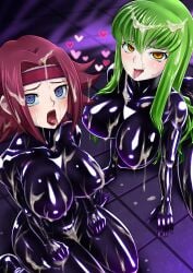 2girls after_bukkake begging begging_for_cum begging_for_more big_breasts c.c. catsuit code_geass covered_in_cum cum cum_on_body cum_on_face fists_clenched green_hair headband heart heart-shaped_pupils kallen_stadtfeld kneeling latex latex_bodysuit latex_catsuit looking_at_viewer open_mouth red_hair ryuney tongue_out