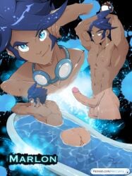 1boy abs aleccanny armpits ass ass_up asshole balls big_balls blue_eyes blue_hair curved_penis erect_penis goggles goggles_around_neck hard_on male_only marlon_(pokemon) multiple_poses muscular pecs penis poke_ball pokemon pokemon_bw pokemon_bw2 shellder smooth_skin tagme tan_body tanline toned_back toned_male tub wet