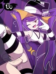 bandages clothed_sex legs_up legwear long_gloves one_eye_closed purple_hair queen_nightcore stockings sweat twintails urbano vadaboob witch_hat yellow_eyes