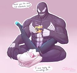 1boy 1girls blush cup cute female funny gwen_stacy hot_chocolate human human_on_humanoid humanoid humor interspecies light-skinned_female light_skin male marvel presenting sexually_ignorant smutbase spider-gwen spider-man_(series) spread_legs straight venom_(marvel)