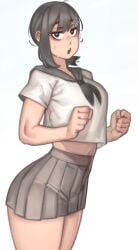 adult adult_female black_hair chainsaw_man clenched_fists clenched_hands exposed_navel eyebags female hair_ornament higashiyama_kobeni kelvin_hiu moles neutral_expression school_uniform schoolgirl schoolgirl_uniform short_hair short_skirt shueisha skirt sweat sweatdrop sweating sweaty_body thick_eyelashes thick_thighs