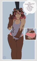 1futa 2023 5_fingers ass bear black_body black_fur breasts brown_body brown_fur brown_hair bulge carly_bear clothed clothing cupcakecarly digital_media_(artwork) duo english_text erection erection_under_clothes eyewear female_(lore) fingers fur furry futa_only futanari glasses grey_background growth gynomorph hair heart hi_res human human_to_anthro humanoid intersex kadette lipstick looking_up makeup mammal partially_clothed pawpads penis petting shirt simple_background smile solo_focus species_transformation tail_growth tank_top tenting text thought_bubble topwear transformation underwear