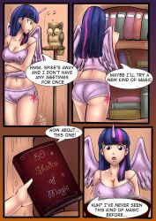 1girls arms_crossed ass book bookshelf breasts comic dakuroihoshi english_text holding_book humanized large_breasts long_hair midriff my_little_pony navel owl pink_shorts pink_streak pink_tank_top pokies purple_eyes purple_hair shorts streaked_hair tank_top tattoo tattoo_on_legs text text_bubble twilight_sparkle_(mlp) unicorn_horn wings