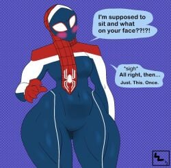 1girls ass background_spider-people big_ass blush blushing_at_viewer curvy curvy_female curvy_figure female female_focus female_only hijab lxndxntxwn malala_windsor marvel marvel_comics spider-man:_across_the_spider-verse spider-man_(series) spider-uk tagme thick_thighs thin_waist thunder_thighs tomboy wide_hips