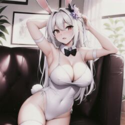 1girls 2023 ai_generated ai_hands anime_nose bowtie bunny_club bunny_ears bunnysuit cleavage clothed_female stable_diffusion tagme white_clothing white_hair