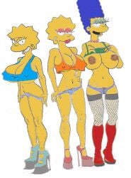 3girls bimbo edit fishnets high_heels huge_breasts implied_incest lisa_simpson maggie_simpson marge_simpson multiple_girls platform_heels short shorts the_fear the_simpsons underboob white_background yellow_body