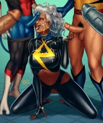 2dnsfw 2dswirl areola areolae big_breasts big_penis blue_skin colossus cum cum_drip cum_on_body cum_on_breasts cum_on_face dark-skinned_female dark-skinned_male dark_skin demon_tail faceless_male female female_focus light-skinned_male light_skin marvel marvel_comics metal_skin nightcrawler nude nude_female nude_male ororo_munroe spandex storm_(x-men) t'challa tail unseen_character unseen_male_face vein veins veiny_penis white_hair wolverine_(x-men) x-men