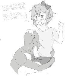1boy 1futa anon anonymous_artist artist_request big_penis bow breasts cock_in_mouth dialogue doki_doki_literature_club duo english_text erection fellatio futa_on_male futanari hairbow hand_on_head human intersex male male_sucking_futa mostly_clothed oral penis penis_in_mouth sayori_(doki_doki_literature_club) sex short_hair shorts sitting submissive_anon sucking sucking_penis tagme text third-party_source