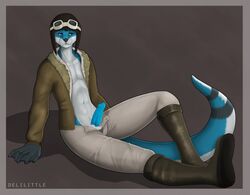 1boy 2015 abs anthro blue_fur blue_penis boots clothing delilittle erection eyewear fur goggles jacket male male_only mammal mustelid otter pants penis pilot shaded sitting solo white_fur