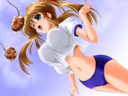 1girls blue_buruma blue_eyes bouncing_breasts bread breasts brown_hair buruma covered_nipples erect_nipples erect_nipples_under_clothes female food fukurou_(company) game_cg gym_uniform jumping large_breasts mizutani_yukari nipples ryoujoku_tonari_no_onee-san solo tagme twintails