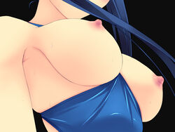 1girls areolae between_breasts black_background blue_hair blue_haired_girl_(murakami_suigun) bondage breast_focus breasts breasts_out close-up clothes_between_breasts curvaceous erect_nipples f-ism head_out_of_frame inverted_nipples large_breasts mizugi murakami_suigun nipples oppai original simple_background solo sweat swimsuit wallpaper