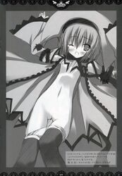 monochrome nipples no_bra open_clothes open_shirt panties panty_pull shirt thighhighs tinkle vagina