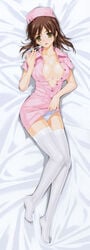 1girls cleavage clothing daimonji_emi dakimakura erect_nipples female female_only happoubi_jin no_bra nurse open_clothes open_shirt overfiltered panties pointy_chin shirt skirt_lift solo stockings thighhighs zettai_shougeki_platonic_heart