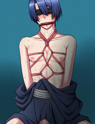 1boy blindfold blue_hair bondage erection erection_under_clothes gag hijirikawa_masato japanese_clothes male mole penis precum solo uta_no_prince-sama