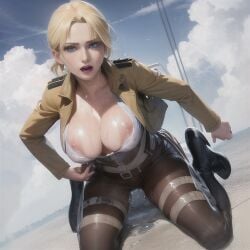 ai_generated annie_leonhardt attack_on_titan beach blonde_hair breasts katsuprime stable_diffusion sweat uniform